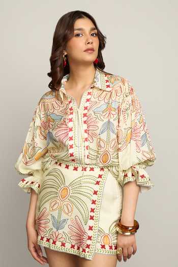 Poppi_Multi Color Silk, Crepe, Bemberg Collared Neck Floral Print Shirt And Skorts Set _at_Aza_Fashions