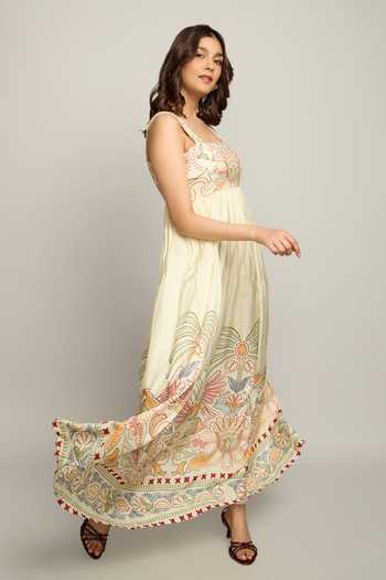 Poppi_Multi Color Silk, Bemberg Square Neck Abstract Print Dress _Online_at_Aza_Fashions
