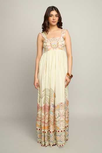 Buy_Poppi_Multi Color Silk, Bemberg Square Neck Abstract Print Dress _Online_at_Aza_Fashions