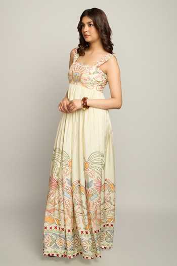Shop_Poppi_Multi Color Silk, Bemberg Square Neck Abstract Print Dress _Online_at_Aza_Fashions