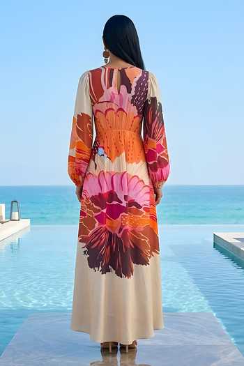 Shop_Poppi_Multi Color Silk, Bemberg Round Neck Floral Print Dress _at_Aza_Fashions