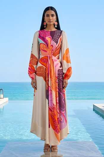 Poppi_Multi Color Silk, Bemberg Round Neck Floral Print Dress _Online_at_Aza_Fashions