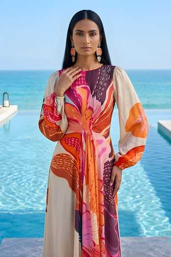 Buy_Poppi_Multi Color Silk, Bemberg Round Neck Floral Print Dress _Online_at_Aza_Fashions
