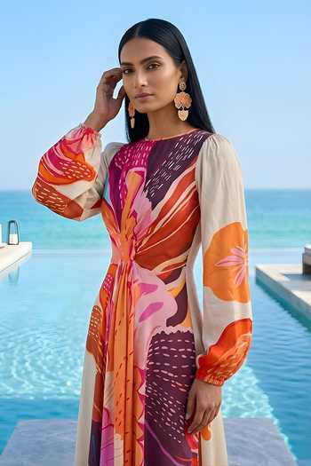 Shop_Poppi_Multi Color Silk, Bemberg Round Neck Floral Print Dress _Online_at_Aza_Fashions