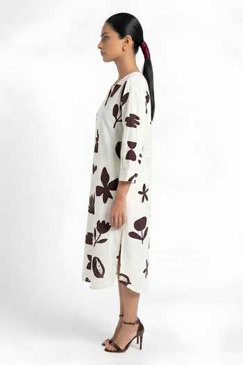 Buy_Poppi_White Silk, Bemberg V-neck Floral Print Dress _Online_at_Aza_Fashions