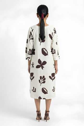 Shop_Poppi_White Silk, Bemberg V-neck Floral Print Dress _at_Aza_Fashions