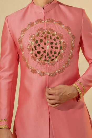 Shop_Runit Gupta_Pink Chanderi Silk Pearls, Beads, Mirrors Short Embroidered Sherwani And Pant Set _at_Aza_Fashions