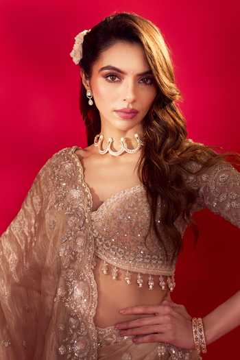 Shop_Azeera_Gold Tissue Rose Embroidered Saree With Unstitched Blouse Piece _at_Aza_Fashions
