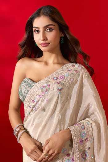 Shop_Azeera_Gold Tissue Embroidery, Sequins Sweetheart Neck Floral Border Saree And Corset _at_Aza_Fashions