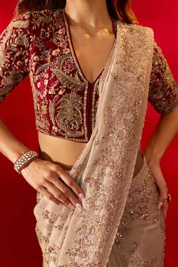 Azeera_Green Tissue Coral Embroidered Saree With Unstitched Blouse Piece _Online