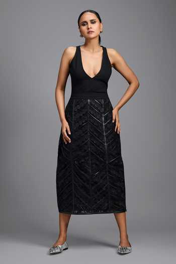 Buy_Deepika Arora_Black Leather Geometric Panel Skirt _at_Aza_Fashions