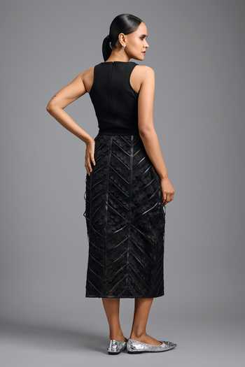 Shop_Deepika Arora_Black Leather Geometric Panel Skirt _at_Aza_Fashions