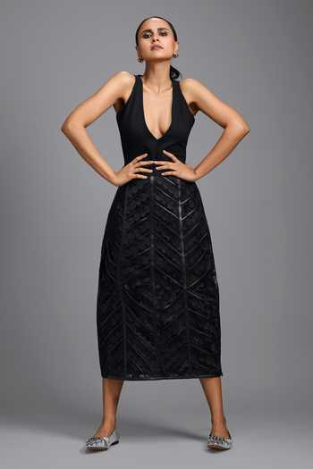 Buy_Deepika Arora_Black Leather Geometric Panel Skirt _Online_at_Aza_Fashions