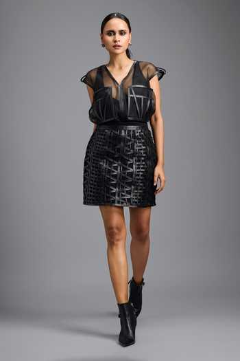 Deepika Arora_Black Organza V-neck Sculpted Sheer Panel Top _Online_at_Aza_Fashions