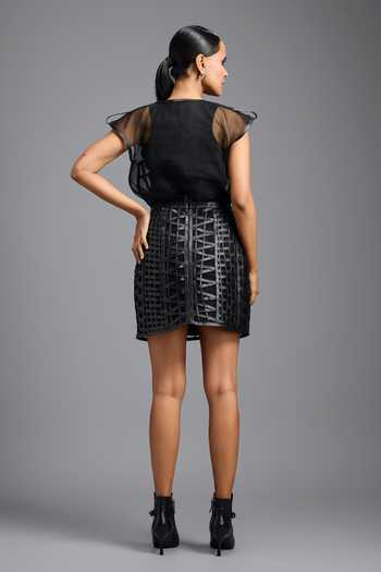 Shop_Deepika Arora_Black Organza V-neck Sculpted Sheer Panel Top _at_Aza_Fashions