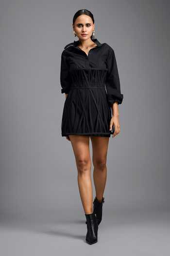 Deepika Arora_Black Ponte Roma Mini Skirt With Cage Overlay Corset _Online_at_Aza_Fashions