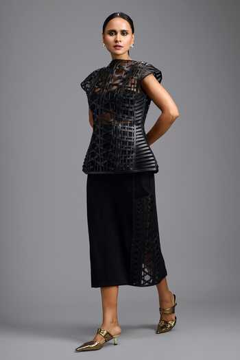 Deepika Arora_Black Ponte Roma Lattic Sleek Skirt _Online_at_Aza_Fashions