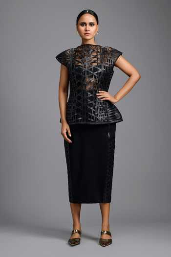 Buy_Deepika Arora_Black Ponte Roma Lattic Sleek Skirt _Online_at_Aza_Fashions