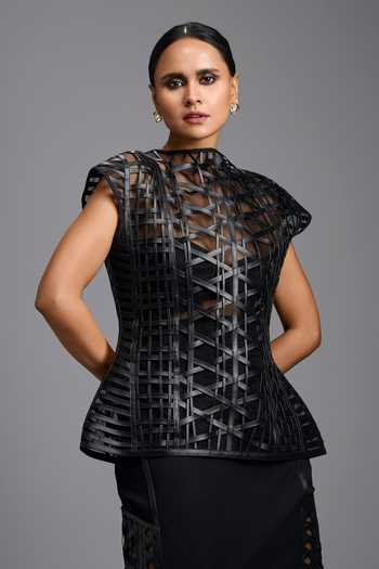 Buy_Deepika Arora_Black Leather High Neck Architectural Top _at_Aza_Fashions