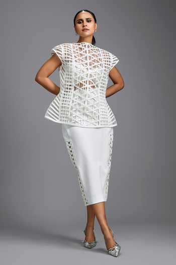 Shop_Deepika Arora_White Ponte Roma Sleek Midi Skirt _Online_at_Aza_Fashions