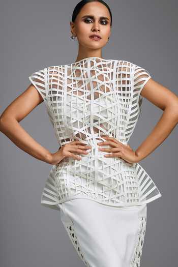 Shop_Deepika Arora_White Leather High Neck Architectural Top _Online_at_Aza_Fashions
