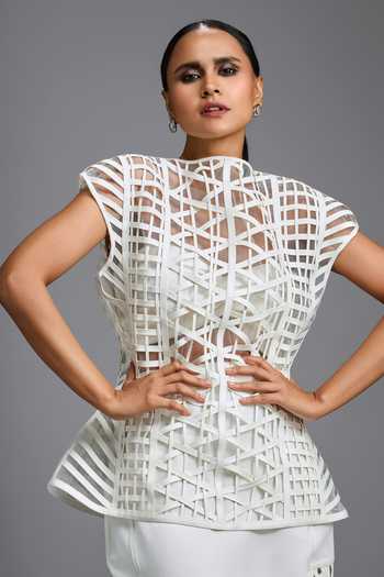 Deepika Arora_White Leather High Neck Architectural Top _at_Aza_Fashions