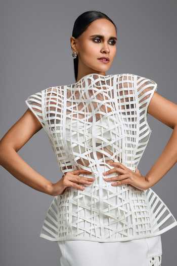 Buy_Deepika Arora_White Leather High Neck Architectural Top 