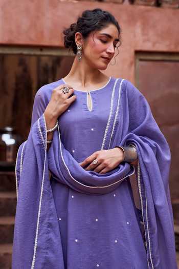 Karaj Jaipur_Purple Kota Doria, Cotton Round Neck, Violet Bead Work Straight Kurta Set _at_Aza_Fashions