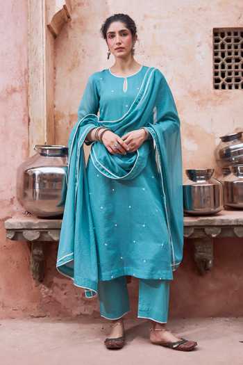 Buy_Karaj Jaipur_Teal Kota Doria, Cotton Round Neck Embroidered Kurta Set _at_Aza_Fashions