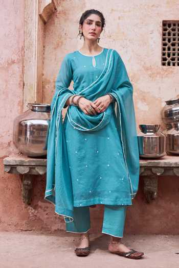 Karaj Jaipur_Teal Kota Doria, Cotton Round Neck Embroidered Kurta Set _Online_at_Aza_Fashions