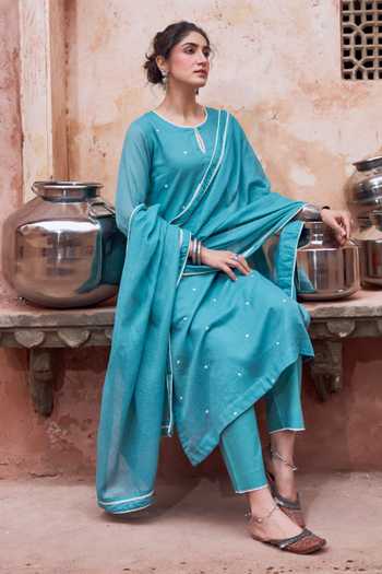 Shop_Karaj Jaipur_Teal Kota Doria, Cotton Round Neck Embroidered Kurta Set _Online_at_Aza_Fashions