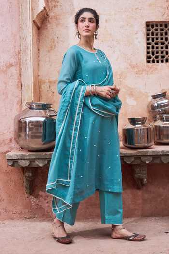 Karaj Jaipur_Teal Kota Doria, Cotton Round Neck Embroidered Kurta Set _at_Aza_Fashions
