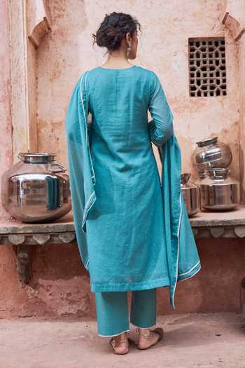 Shop_Karaj Jaipur_Teal Kota Doria, Cotton Round Neck Embroidered Kurta Set _at_Aza_Fashions