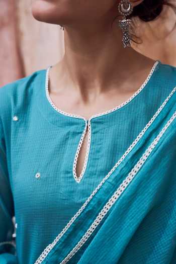 Buy_Karaj Jaipur_Teal Kota Doria, Cotton Round Neck Embroidered Kurta Set 