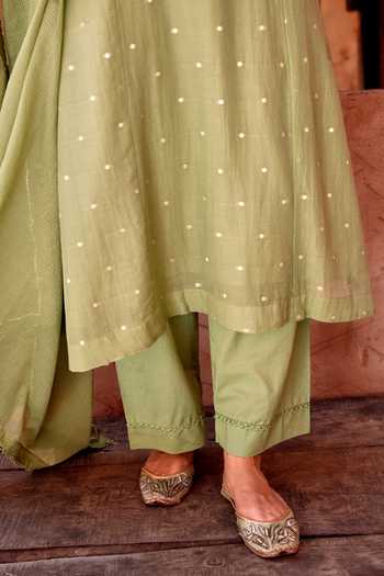 Shop_Karaj Jaipur_Green Cotton, Kota Doria Mandarin Collar, Yes Scattered Floral Mul Kurta Set _Online_at_Aza_Fashions