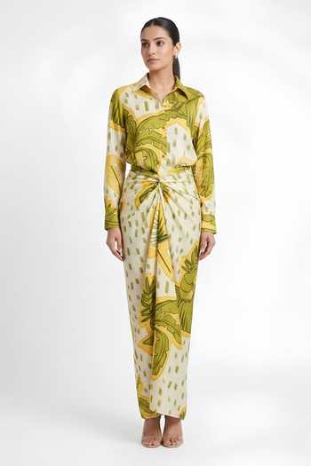Buy_Poppi_Multi Color Silk, Bemberg Collared Neck Abstract Printed Shirt With Skirt _Online_at_Aza_Fashions