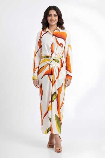 Buy_Poppi_White Silk, Bemberg Collared Neck Abstract Print Shirt With Skirt _Online_at_Aza_Fashions