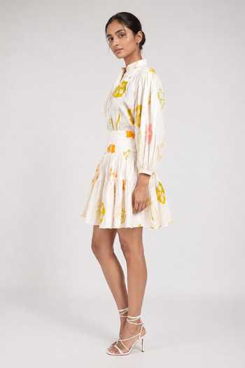 Shop_Poppi_White Cotton Mandarin Collar Abstract Print Shirt And Skirt Set _Online_at_Aza_Fashions