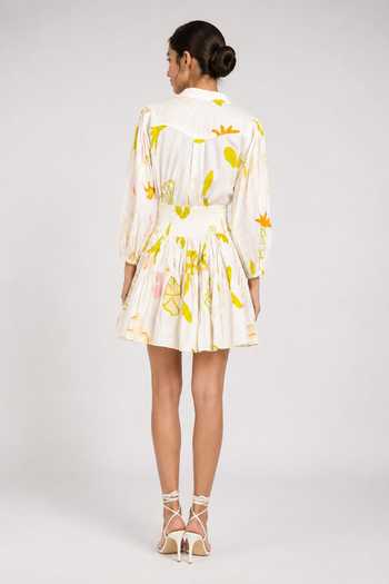 Shop_Poppi_White Cotton Mandarin Collar Abstract Print Shirt And Skirt Set _at_Aza_Fashions