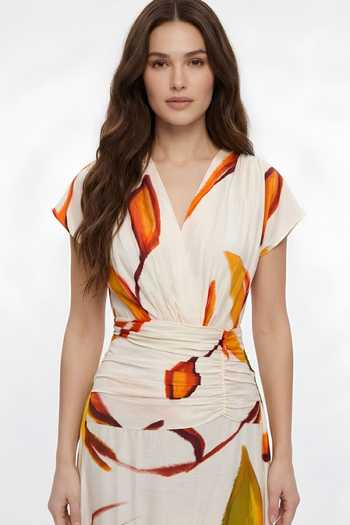 Shop_Poppi_White Silk, Bemberg V-neck Botanical Print Dress _Online_at_Aza_Fashions