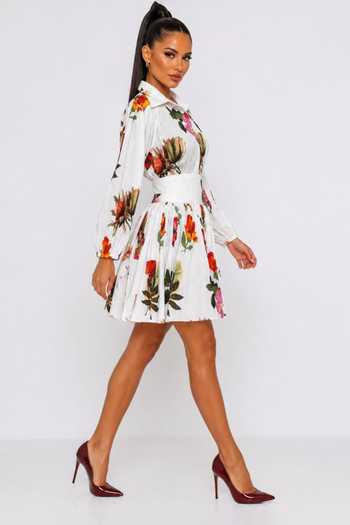 Buy_Poppi_White Cotton Collared Neck Floral Pleated Mini Shirt Dress _Online_at_Aza_Fashions