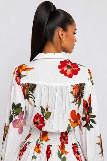 Shop_Poppi_White Cotton Collared Neck Floral Pleated Mini Shirt Dress _Online_at_Aza_Fashions