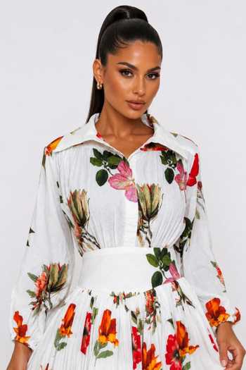 Poppi_White Cotton Collared Neck Floral Pleated Mini Shirt Dress _at_Aza_Fashions