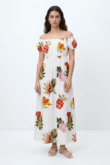 Buy_Poppi_White Cotton Off-shoulder Floral Print Dress _at_Aza_Fashions