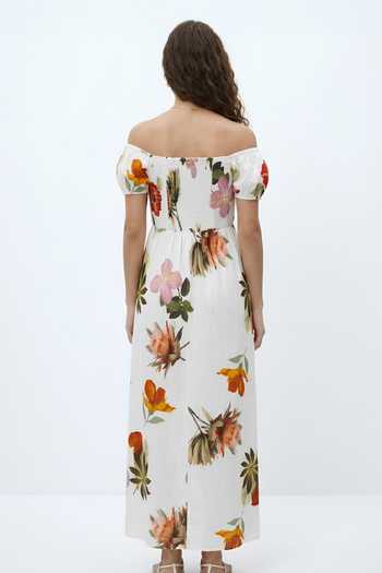 Shop_Poppi_White Cotton Off-shoulder Floral Print Dress _at_Aza_Fashions