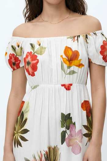 Buy_Poppi_White Cotton Off-shoulder Floral Print Dress _Online_at_Aza_Fashions