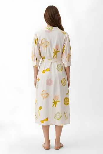 Shop_Poppi_White Cotton V-neck Sea Life Print Dress _at_Aza_Fashions