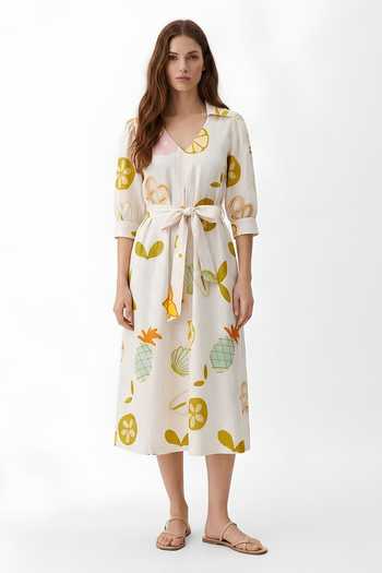 Buy_Poppi_White Cotton V-neck Sea Life Print Dress _Online_at_Aza_Fashions