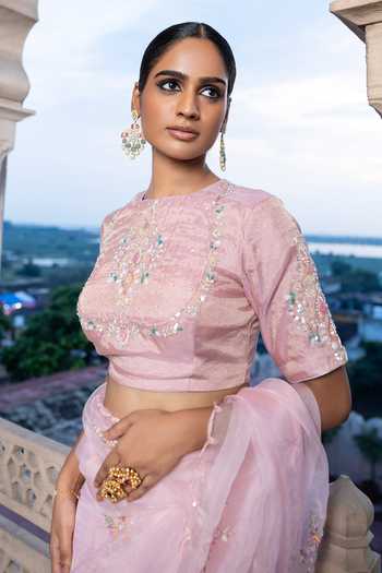 Tarrz_Pink Organza, Tissue, Cotton Round Neck Hand Embroidered Saree With Blouse _Online_at_Aza_Fashions