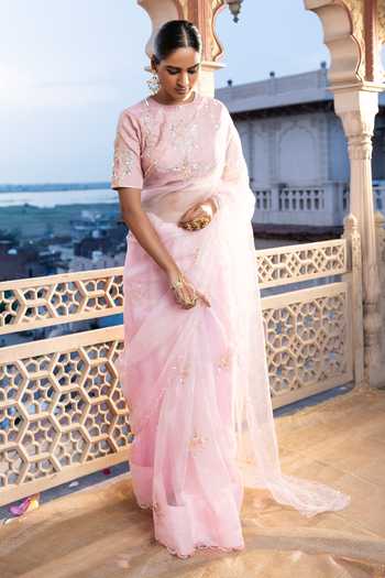 Buy_Tarrz_Pink Organza, Tissue, Cotton Round Neck Hand Embroidered Saree With Blouse _at_Aza_Fashions